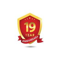 19 anos de comemoração de aniversário emblema ouro vermelho vetor modelo design ilustração
