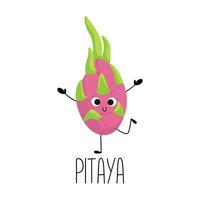 fofa sorridente mão desenhado pitaya personagem. Aprendendo fruta cartão de memória com isto nome para crianças. vetor