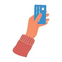 fêmea mão segurando plástico crédito cartão. pagar de débito cartão sem fio. sem dinheiro Forma de pagamento vetor