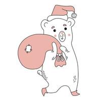 urso papai noel. animal de natal. contorno. ilustração vetor