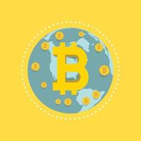 globo e sinal de bitcoin. ilustração plana do globo e bitcoin. vetor