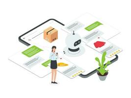 plano isométrico ilustração do mulher conversando com uma chatbot em a comércio eletrônico Móvel plataforma. simplificado gráfico representando ai alimentado cliente apoiar. vetor