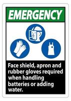 Proteção facial de sinal de emergência, avental e luvas de borracha necessários ao manusear baterias ou adicionar água com símbolos de ppe vetor