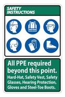 instruções de segurança ppe exigidas além deste ponto. capacete, colete de segurança, óculos de segurança, proteção auditiva vetor