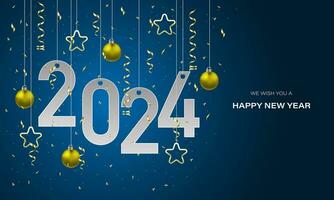 feliz Novo ano 2024 branco papel número dourado estrelas bola fita em azul luxo Projeto para feriado festival celebração contagem regressiva fundo vetor