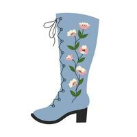 fofa mulheres azul bota com flores, bordado. chalé testemunho moda. vintage, retrô. vetor, plano, desenho animado ilustração vetor