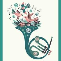 inverno ilustração com uma francês chifre com uma ninho, pássaros, flocos de neve, notas. verde, Rosa cores. para cartões postais, show convites, bandeiras, cartazes vetor