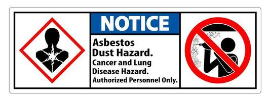 aviso etiqueta de segurança, risco de pó de amianto, risco de câncer e doenças pulmonares apenas pessoal autorizado vetor