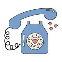 velho retro Telefone com corações romântico groovy moda antiga telefone. vetor