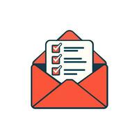 vermelho aberto envelope com lista de controle e marca de seleção. aprovado documento ou o email aprovação conceito. vetor ilustração