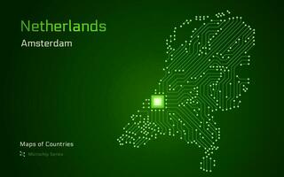 Países Baixos mapa com o circuito borda e eletrônico componentes com capital amsterdam vetor