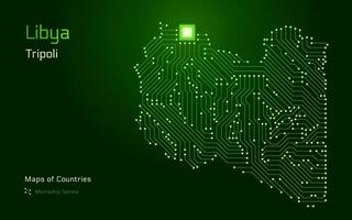 Líbia verde mapa com uma capital oftrípoli mostrando dentro uma microchip padronizar. e-governo. mundo países vetor mapas. microchip Series
