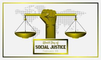 mundo dia do social justiça poster com uma mão segurando ouro balanças vetor