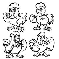 coloração página esboço do desenho animado sorridente fofa galo e frango . colorida vetor ilustração. mascote vetor