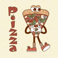 retro groovy desenho animado personagem velozes Comida pizza. poster com vintage mascote psicodélico sorriso, emoção. funky vetor ilustração