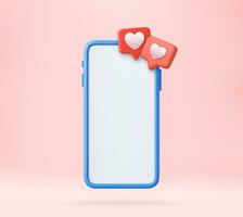 3d gostar ícone com coração e Smartphone vetor
