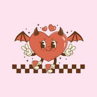 fofa retro ilustração do coração com diabo traje e mal personalidade e bastão asas vetor