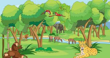 floresta ilustração com pássaros e selvagem animais nomeadamente guepardo, leão, elefante, veado e chimpanzés vetor
