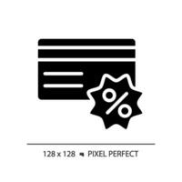 2d pixel perfeito glifo estilo crédito cartão desconto ícone, isolado Preto vetor, silhueta ilustração representando descontos. vetor