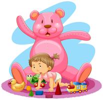 Menina com urso rosa e brinquedos vetor