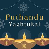 puthandu vazhtukal feriado tamil tradução feliz Novo ano. Uganda ou diwali sul Índia sri lanka festival. oferta diya óleo luminária dentro argila Panela em Sombrio fundo. tradicional religioso celebração. vetor