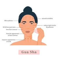 infográfico do facial ioga. massagem direção para natural rosa quartzo pedra raspador, gua sha. mulher retrato para face massagem. acupuntura, elevação anti envelhecimento, ruga removedor beleza método. vetor. vetor