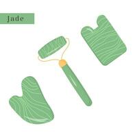 grande conjunto do gua sha raspagem massagem ferramenta. coleção do diferente forma natural verde jade pedra preciosa. chinês tradicional facial. acupuntura para face ioga. na moda pele Cuidado. vetor plano estilo pacote.