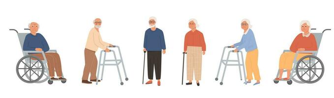 conjunto do idosos Desativado pessoas às enfermagem lar. velho avós em aposentadoria. moderno masculino e fêmea aposentados em cadeira de rodas, remo andador e guindaste, caminhando grudar. vetor personagem ilustração.