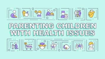 parentalidade crianças com saúde problemas texto vários fino linha ícones conceito em monocromático fundo, editável 2d vetor ilustração.