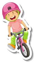 modelo de adesivo com uma garota feliz andando de bicicleta isolada vetor