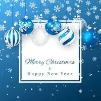Natal e Novo ano fundo com azul Natal bolas, abeto ramo e neve para natal Projeto. vetor ilustração