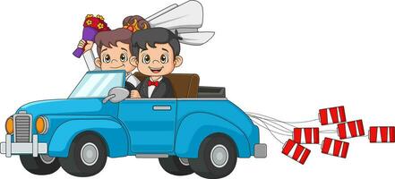 Casamento convite com engraçado noiva e noivo em carro dirigindo para seus lua de mel vetor