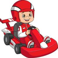 desenho animado garotinho dirigindo carro de corrida vetor