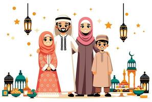 meio Oriental família a comemorar eid al fitr vetor