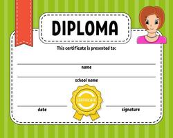 modelo de certificado de diploma. para escola e pré-escola. para crianças e crianças. ilustração vetorial. vetor