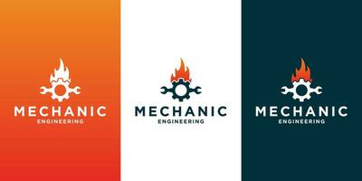 criativo mecânico logotipo Projeto com equipamento, engrenagem e fogo trabalhando, para seu o negócio oficina vetor