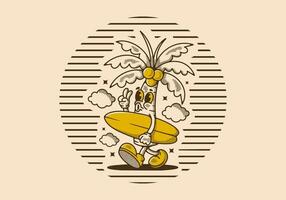 mascote personagem ilustração do coco árvore segurando uma surfar borda vetor