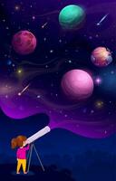 menina criança olhando através telescópio às ritmo planetas vetor