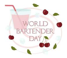 internacional bartenders dia bandeira com vidro e coquetel ingredientes. 6 fevereiro. vetor plano modelo para bandeira, cartão, poster. ilustração com isolado cerejas, gelo cubos e folhas do hortelã.