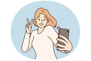 feliz mulher levando selfie em telefone para postar fotos em próprio página dentro social rede. vetor imagem