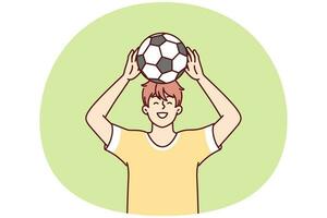 Adolescência Garoto levanta bola sobre cabeça sonhos do tornando-se profissional futebol jogador. vetor imagem