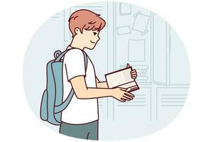 adolescente cara com livro e mochila atrás costas carrinhos perto armários dentro Faculdade sala. vetor imagem