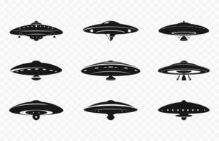 UFO silhueta Preto vetor definir, vôo pires silhuetas pacote, nave espacial UFO ícone coleção