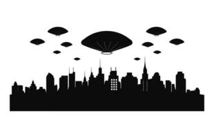 uma UFO dentro cidade Preto silhueta vetor, vôo pires cidade abdução silhueta vetor