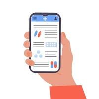 Smartphone tela com masculino médico dá conectados diagnóstico. a aplicativo com médico consulta ou conselho. médico cientista fala sobre pílulas e medicamento. perguntar doutor. vetor ilustração.