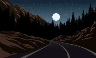 período noturno dentro floresta com estrada, colina, lua e estrelas vetor