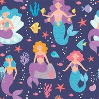 sereia desatado padronizar. fofa pequeno princesas, sirene e mar criaturas embaixo da agua mundo papel de parede, tecido impressão moda vetor fundo.