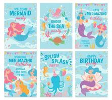 sereia cartões. mítico fofa princesas e mar criaturas embaixo da agua mundo cartão postal para aniversário, convites, cumprimento cartões vetor conjunto