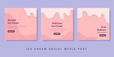 modelo de post e histórias de mídia social de sorvete. rosa fofo banner derretido quadrado. ilustração vetorial. vetor