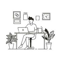 trabalhador autonomo trabalhando em computador portátil às casa dentro contínuo linha desenhando vetor